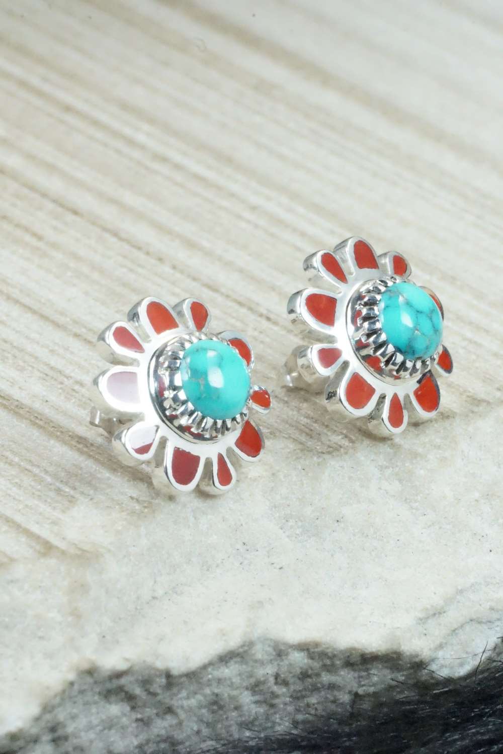 Turquoise, Coral & Sterling Silver Earrings - Vernon Haskie