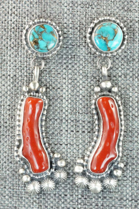 Coral, Turquoise & Sterling Silver Earrings - Tom Lewis