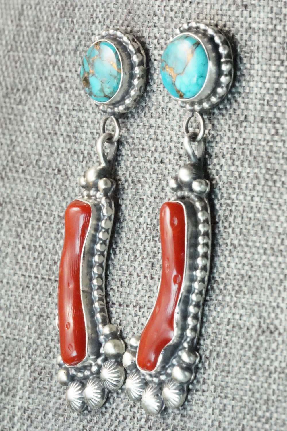 Coral, Turquoise & Sterling Silver Earrings - Tom Lewis