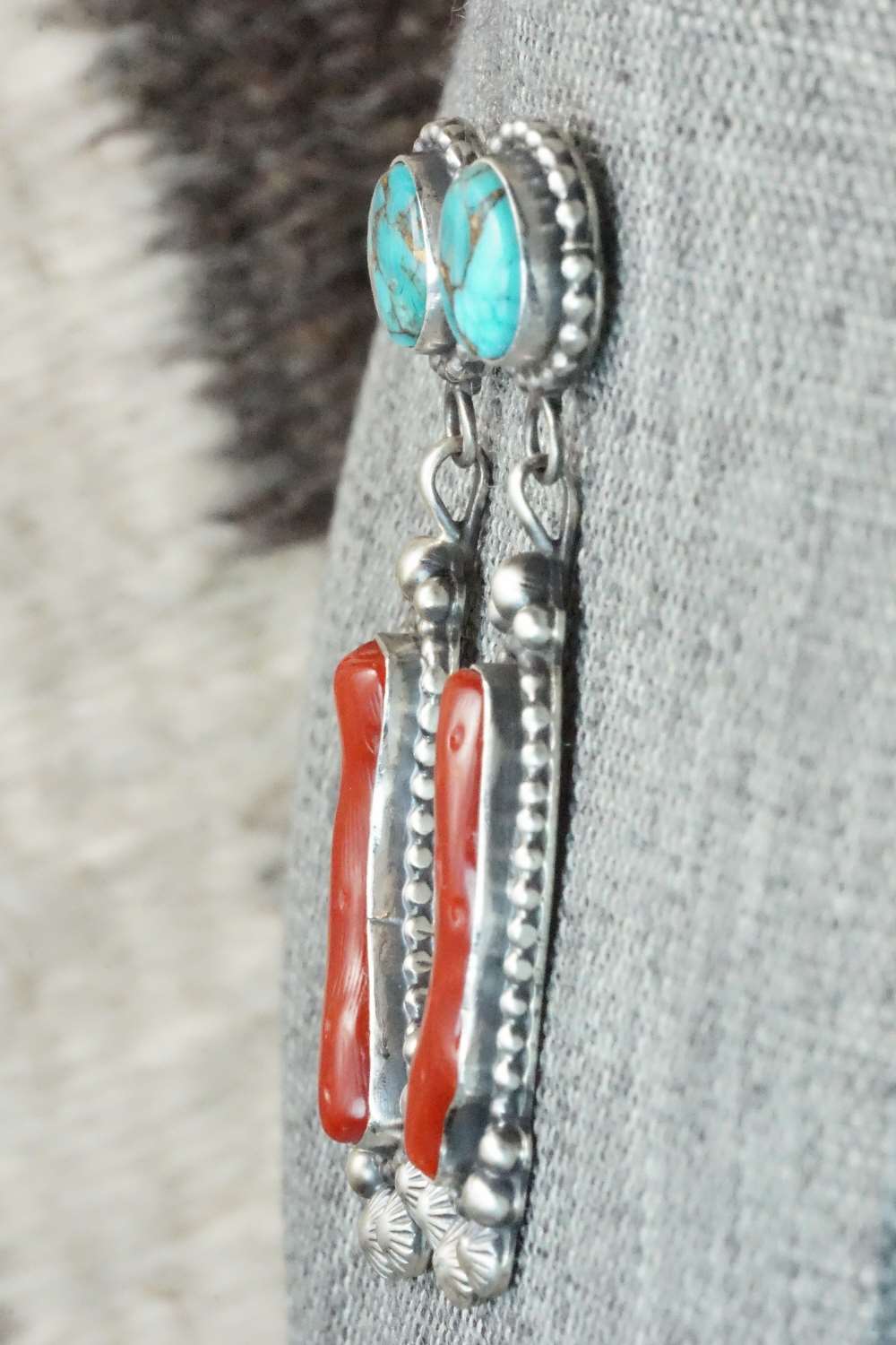 Coral, Turquoise & Sterling Silver Earrings - Tom Lewis