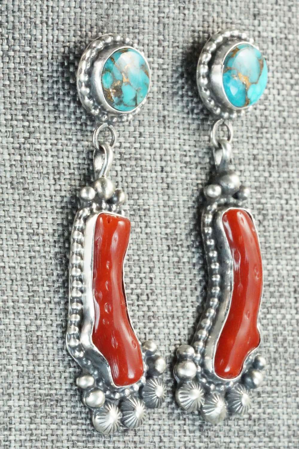 Coral, Turquoise & Sterling Silver Earrings - Tom Lewis