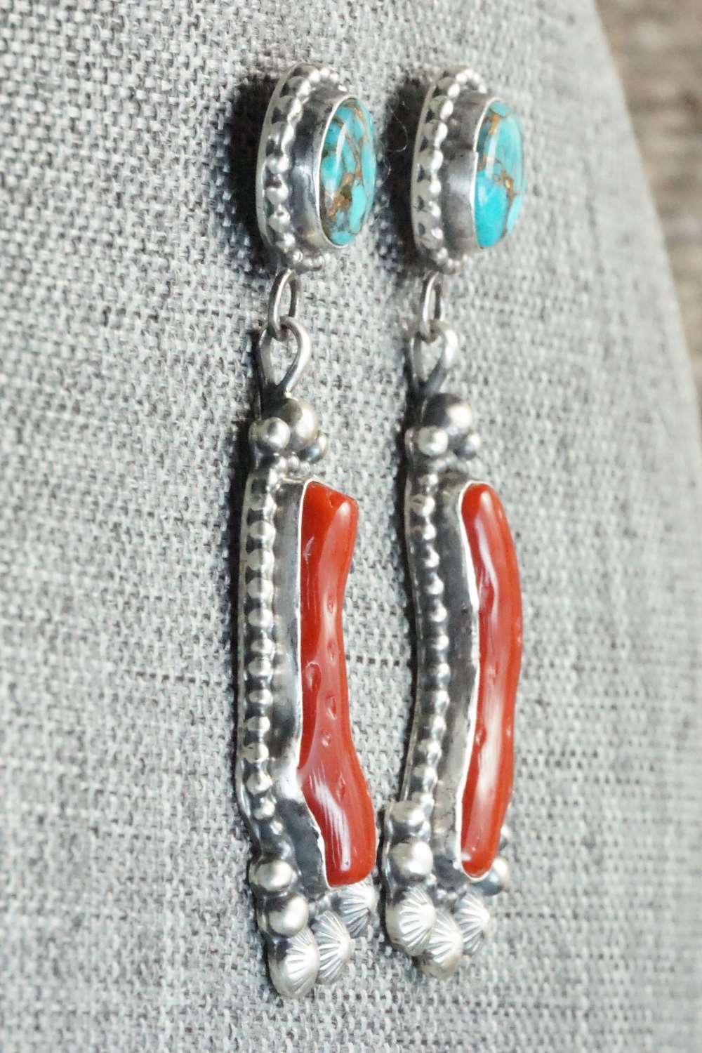 Coral, Turquoise & Sterling Silver Earrings - Tom Lewis