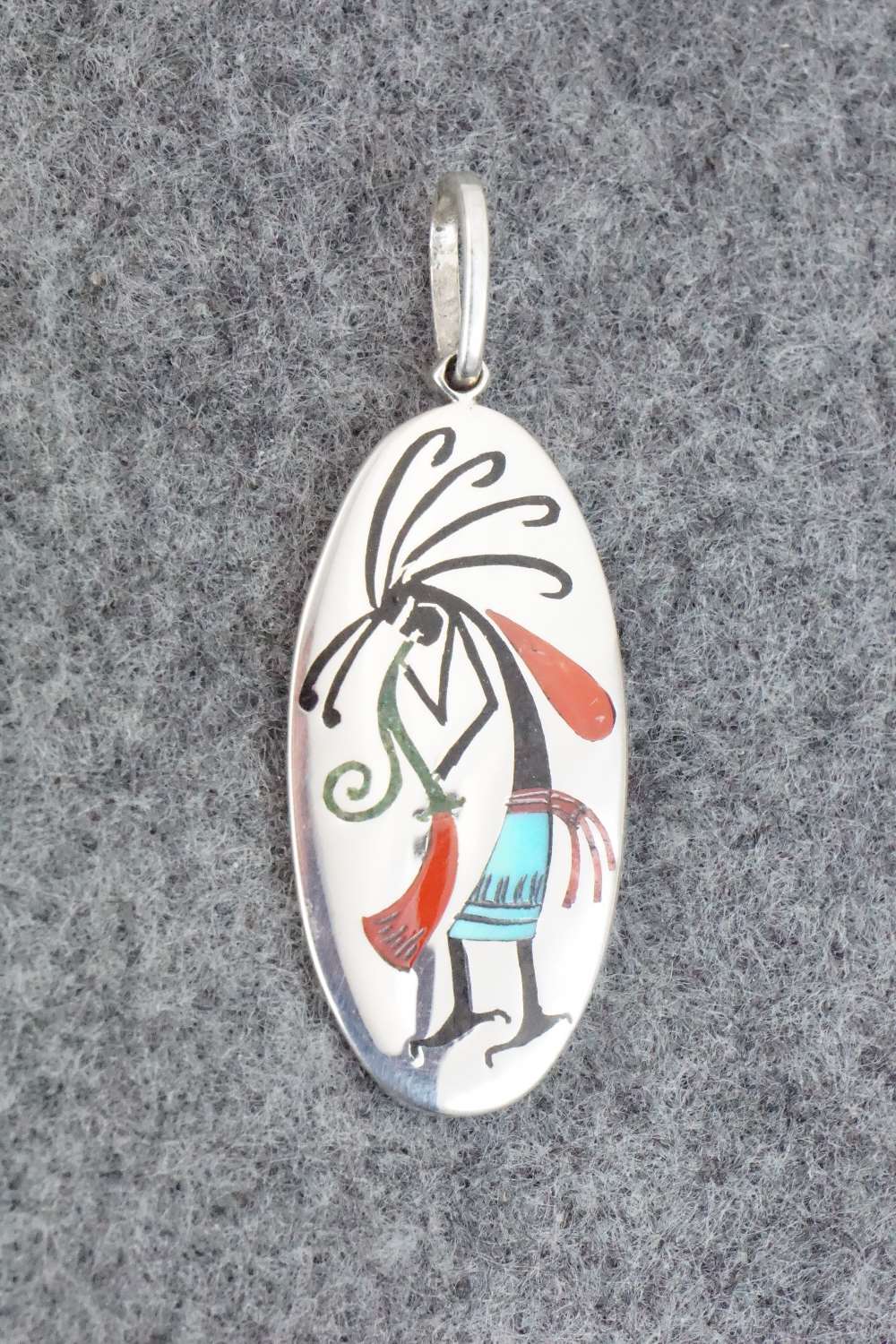Coral, Turquoise & Sterling Silver Inlay Pendant - Harlan Coonsis