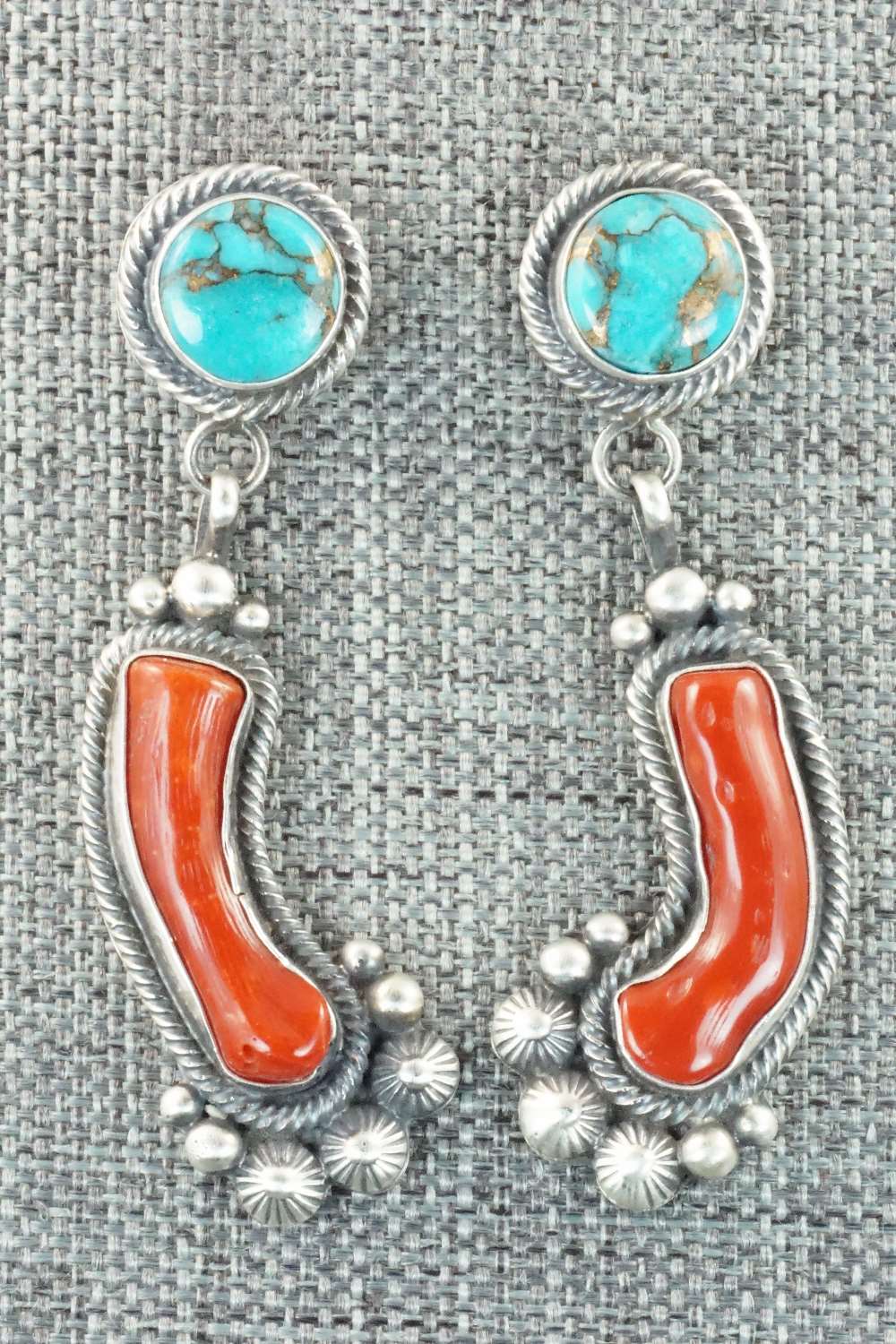 Coral, Turquoise & Sterling Silver Earrings - Tom Lewis