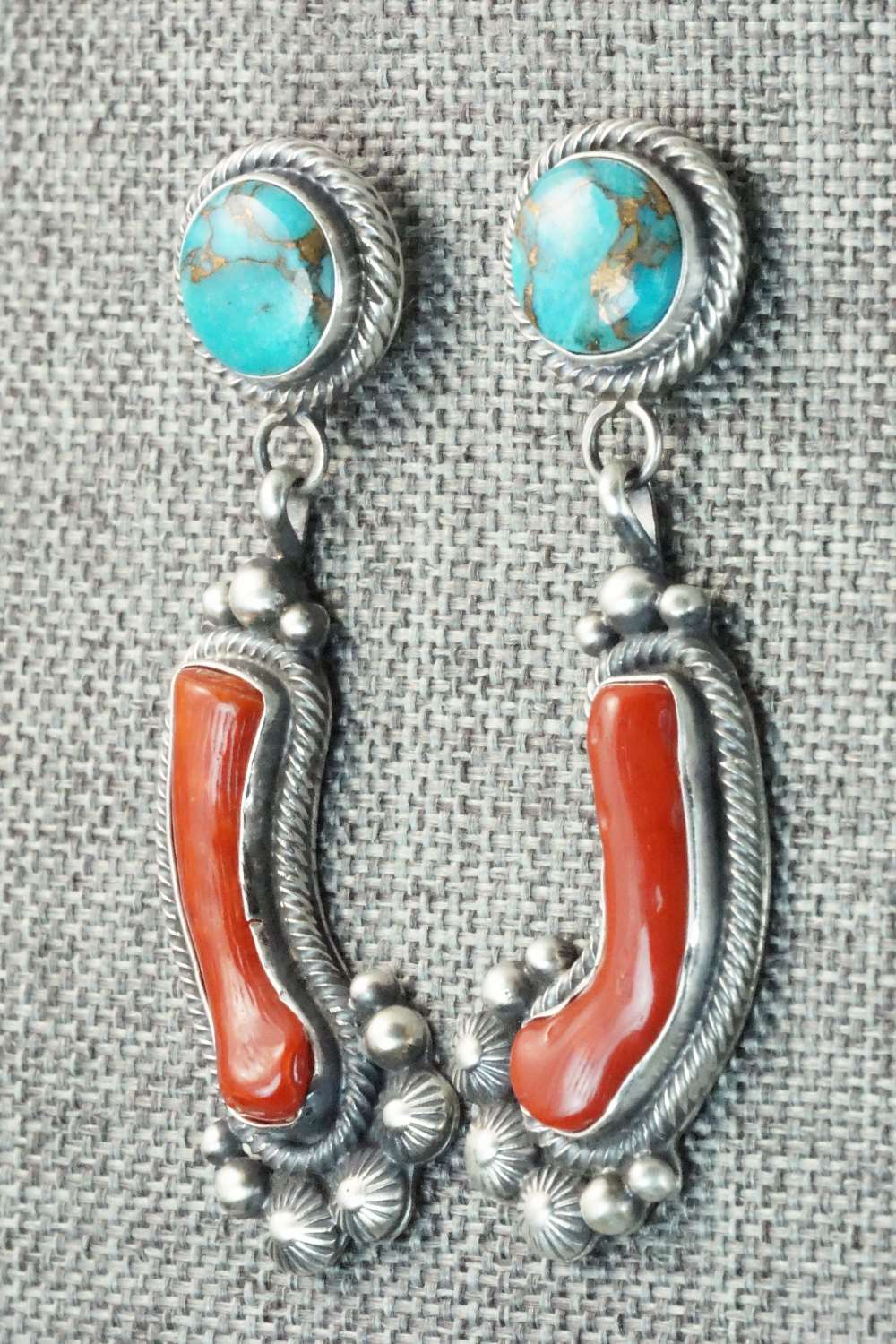 Coral, Turquoise & Sterling Silver Earrings - Tom Lewis