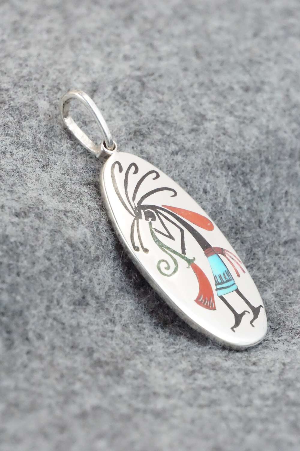 Coral, Turquoise & Sterling Silver Inlay Pendant - Harlan Coonsis