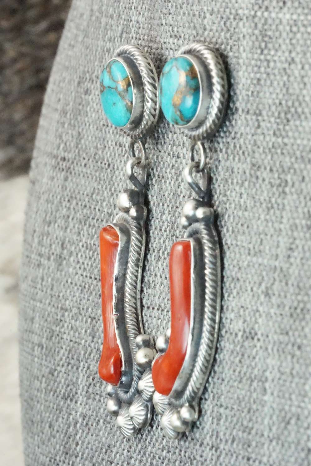 Coral, Turquoise & Sterling Silver Earrings - Tom Lewis