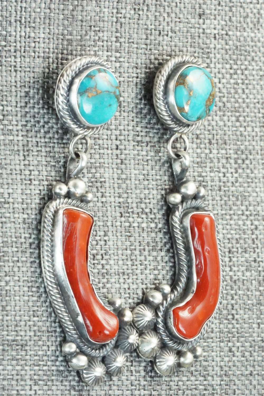 Coral, Turquoise & Sterling Silver Earrings - Tom Lewis