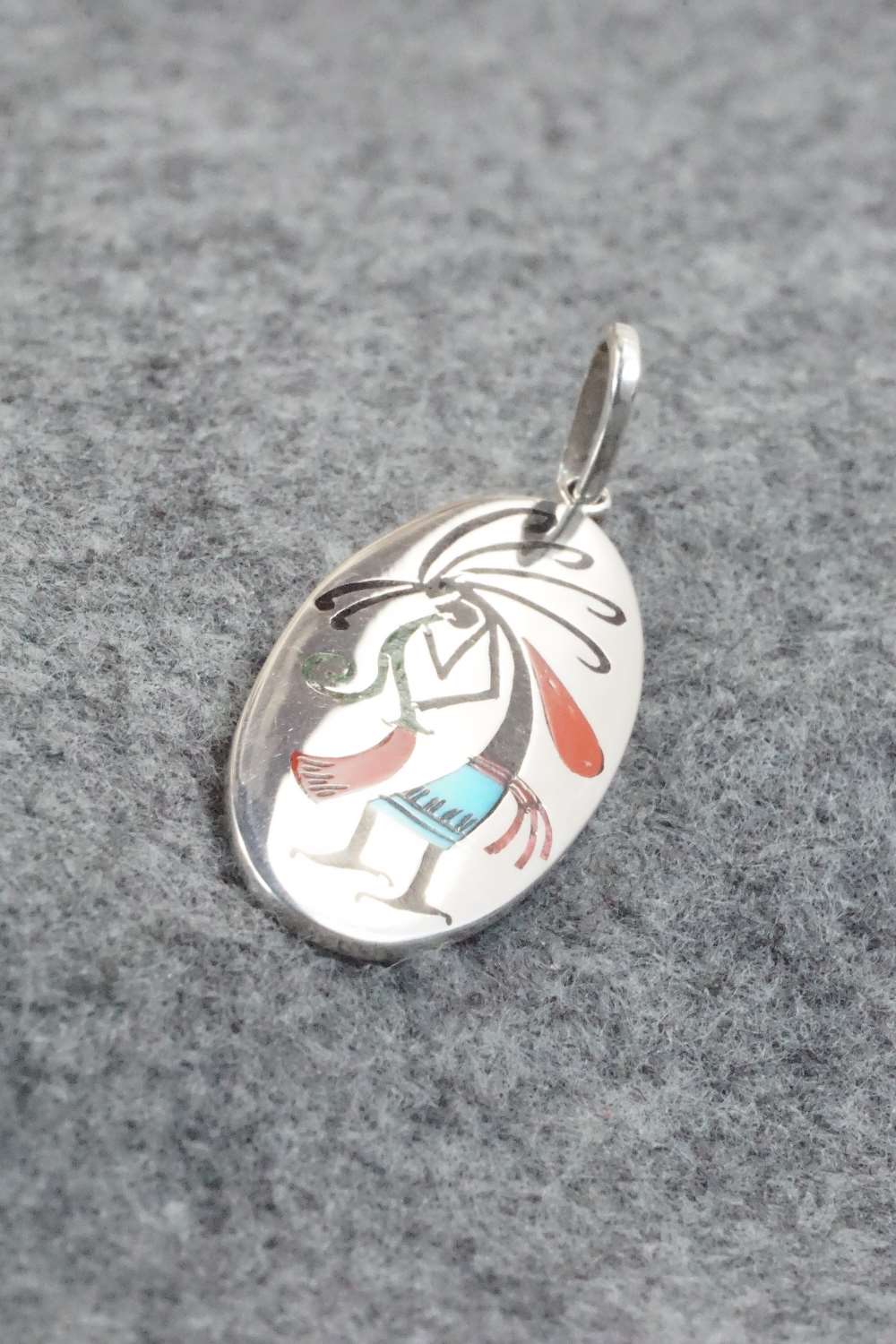 Coral, Turquoise & Sterling Silver Inlay Pendant - Harlan Coonsis