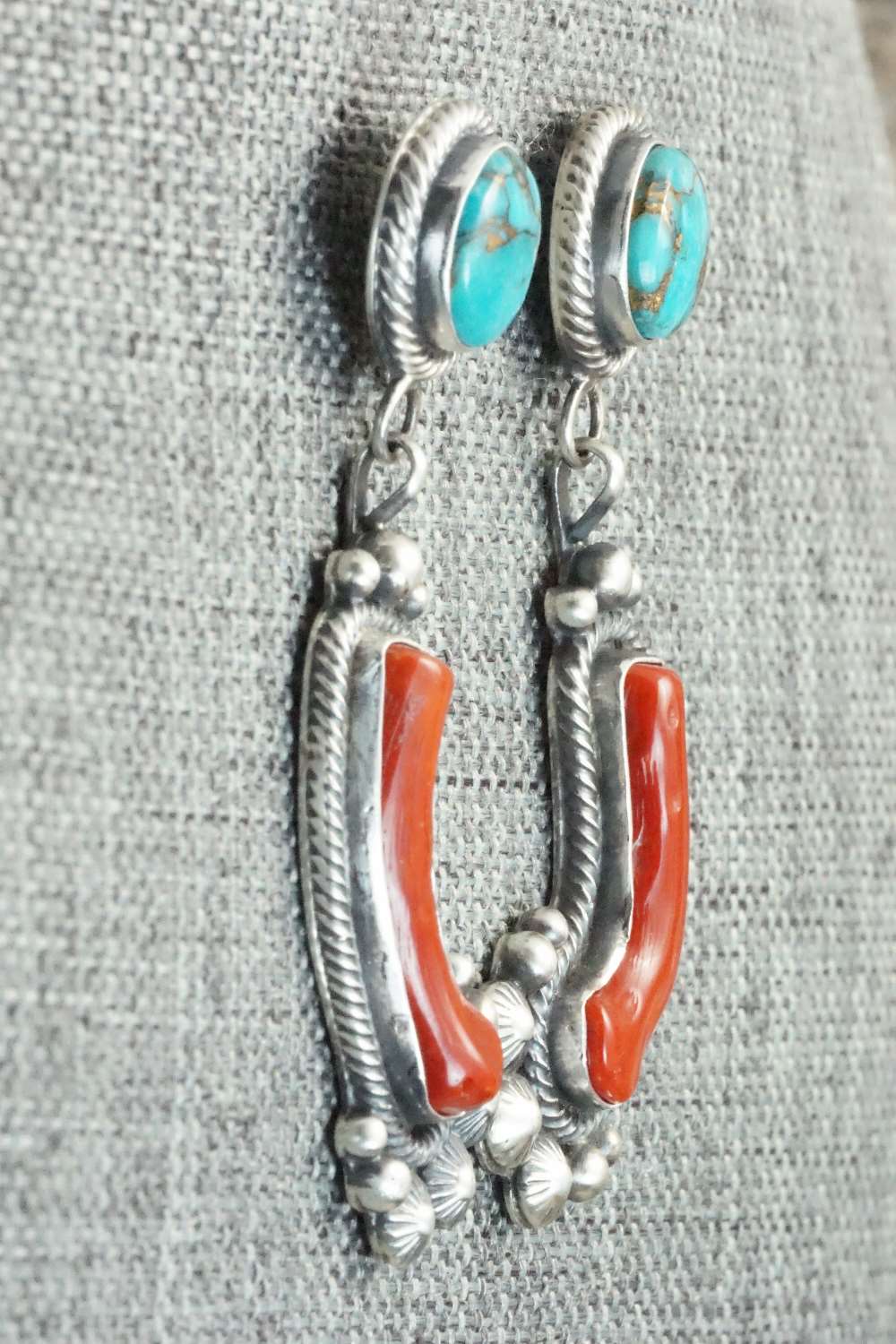 Coral, Turquoise & Sterling Silver Earrings - Tom Lewis