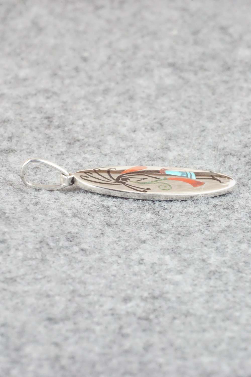 Coral, Turquoise & Sterling Silver Inlay Pendant - Harlan Coonsis