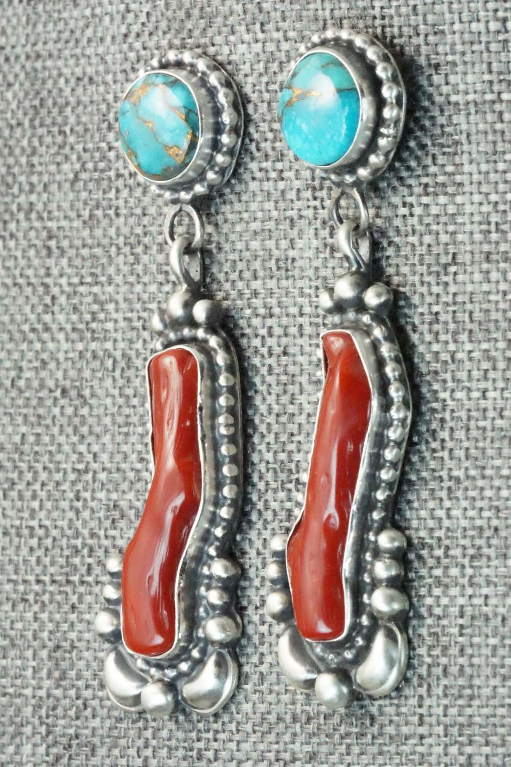 Coral, Turquoise & Sterling Silver Earrings - Tom Lewis
