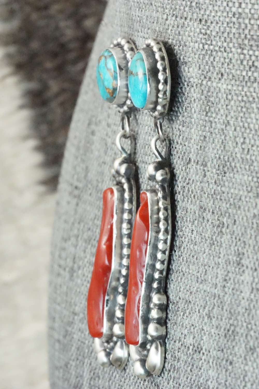 Coral, Turquoise & Sterling Silver Earrings - Tom Lewis