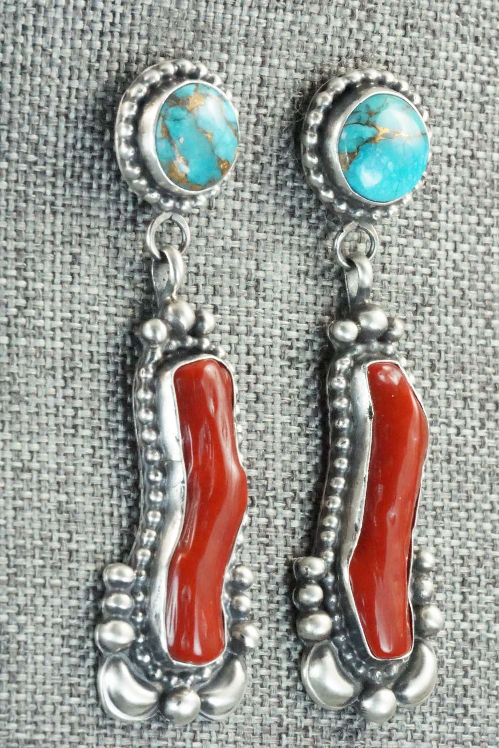 Coral, Turquoise & Sterling Silver Earrings - Tom Lewis