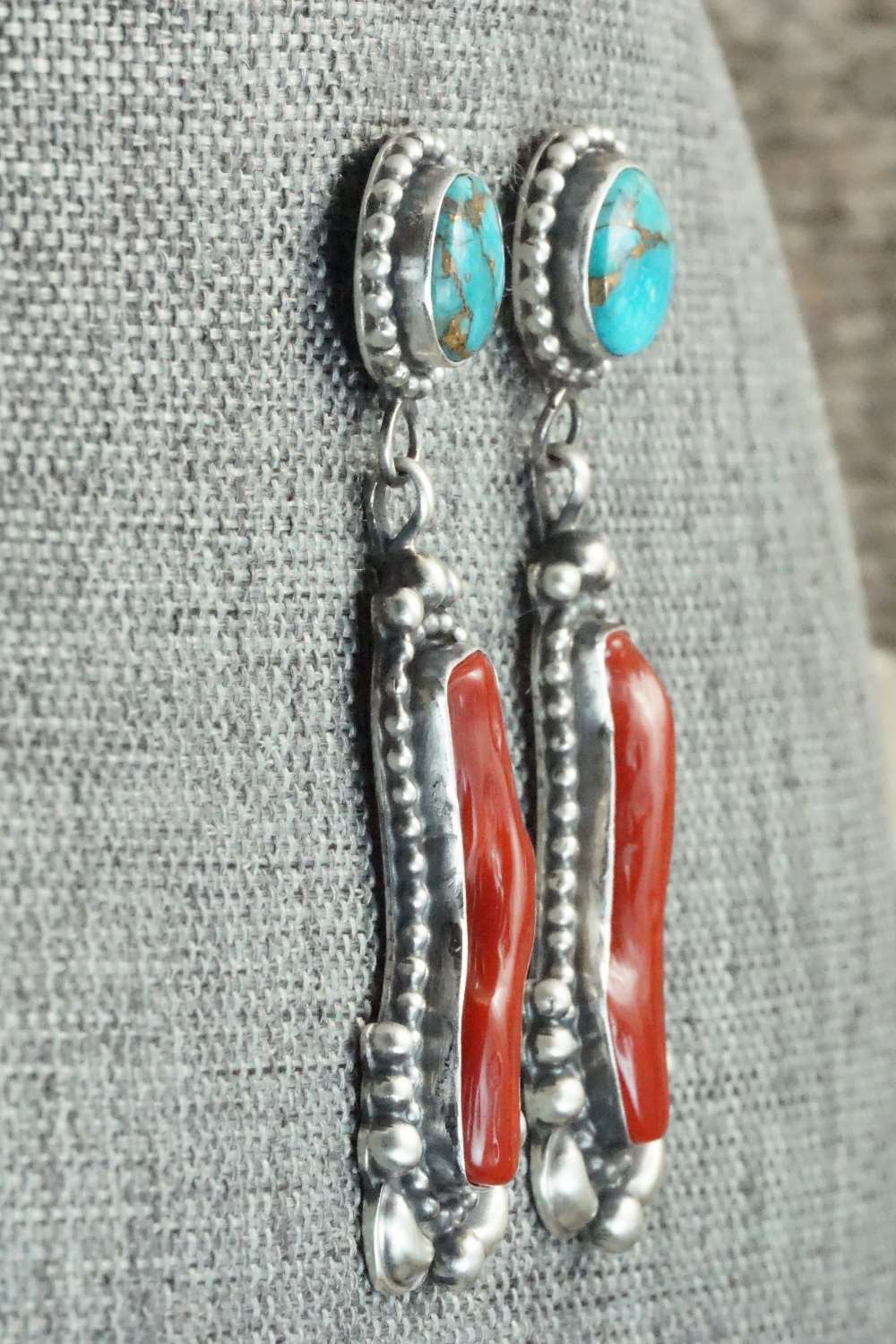 Coral, Turquoise & Sterling Silver Earrings - Tom Lewis