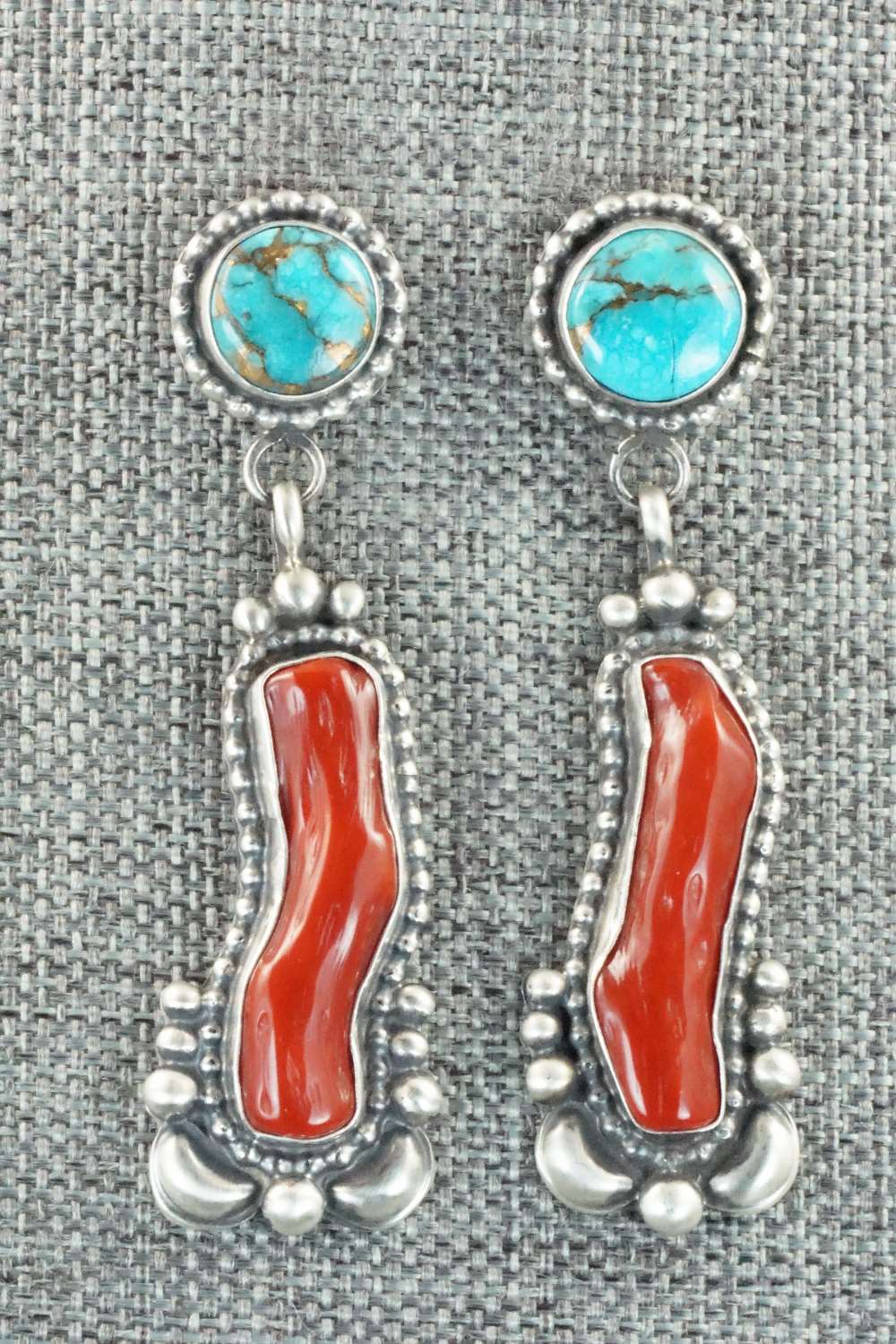 Coral, Turquoise & Sterling Silver Earrings - Tom Lewis