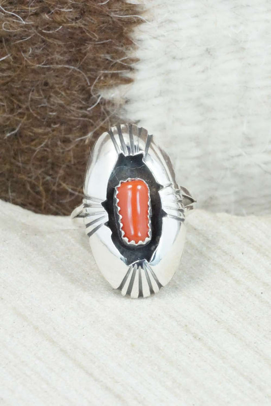 Coral and Sterling Silver Ring - Cecil Saunders - Size 6.75
