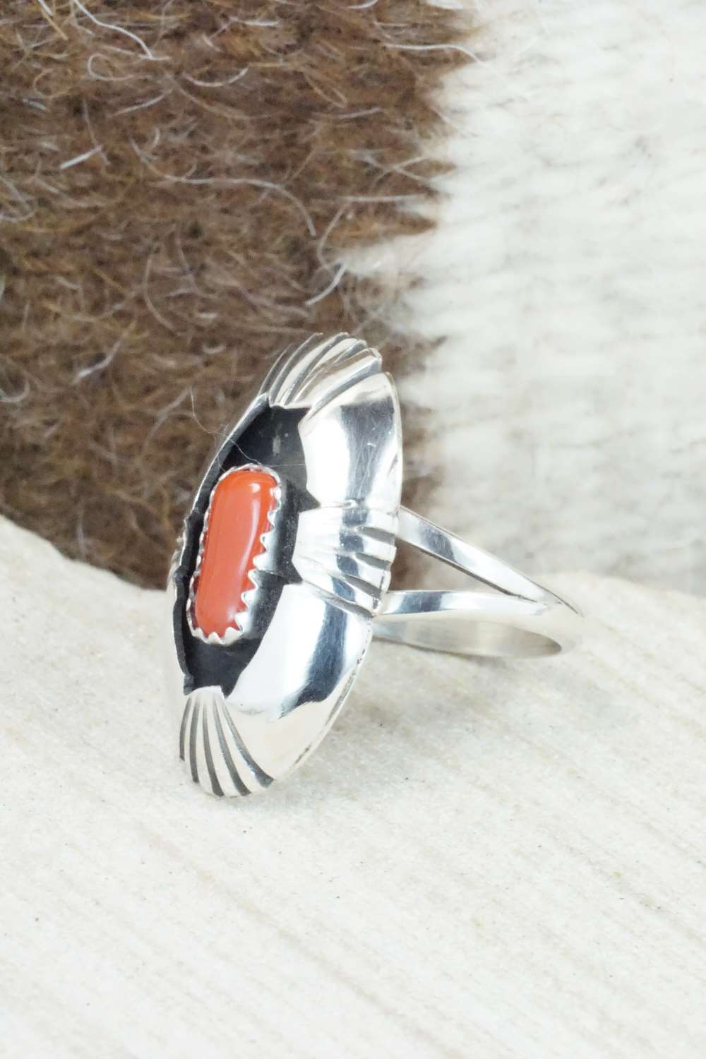 Coral and Sterling Silver Ring - Cecil Saunders - Size 6.75