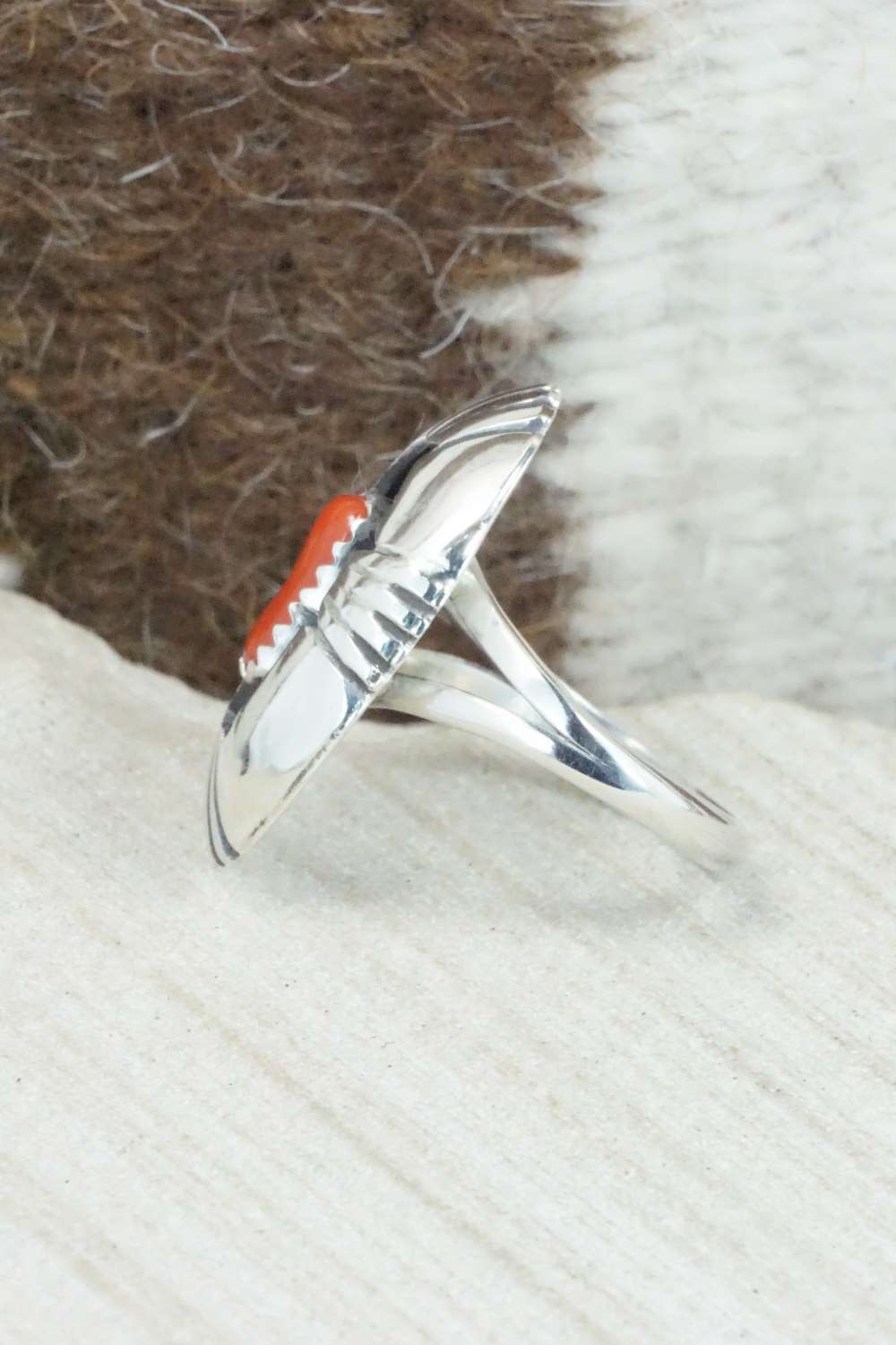 Coral and Sterling Silver Ring - Cecil Saunders - Size 6.75