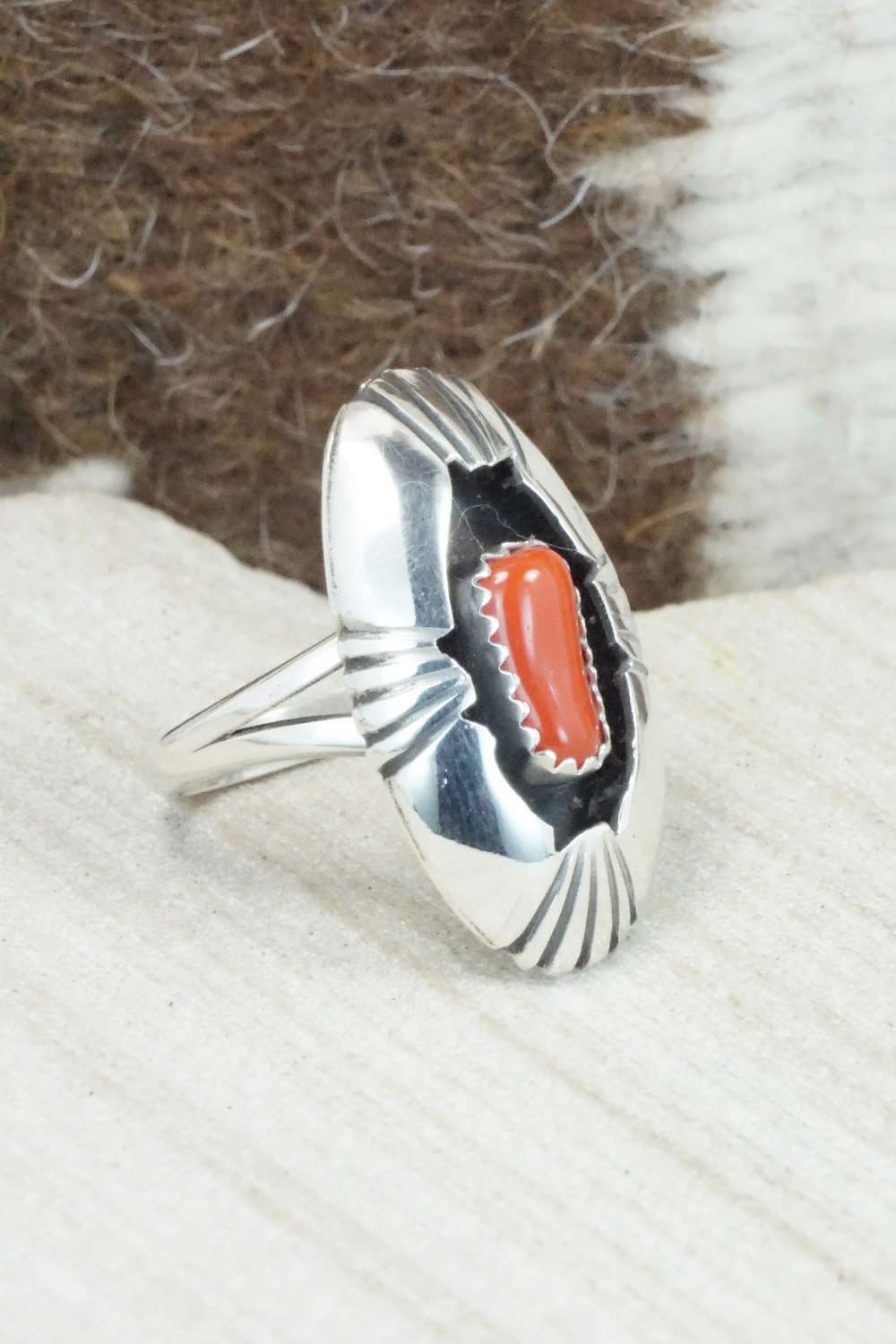 Coral and Sterling Silver Ring - Cecil Saunders - Size 6.75