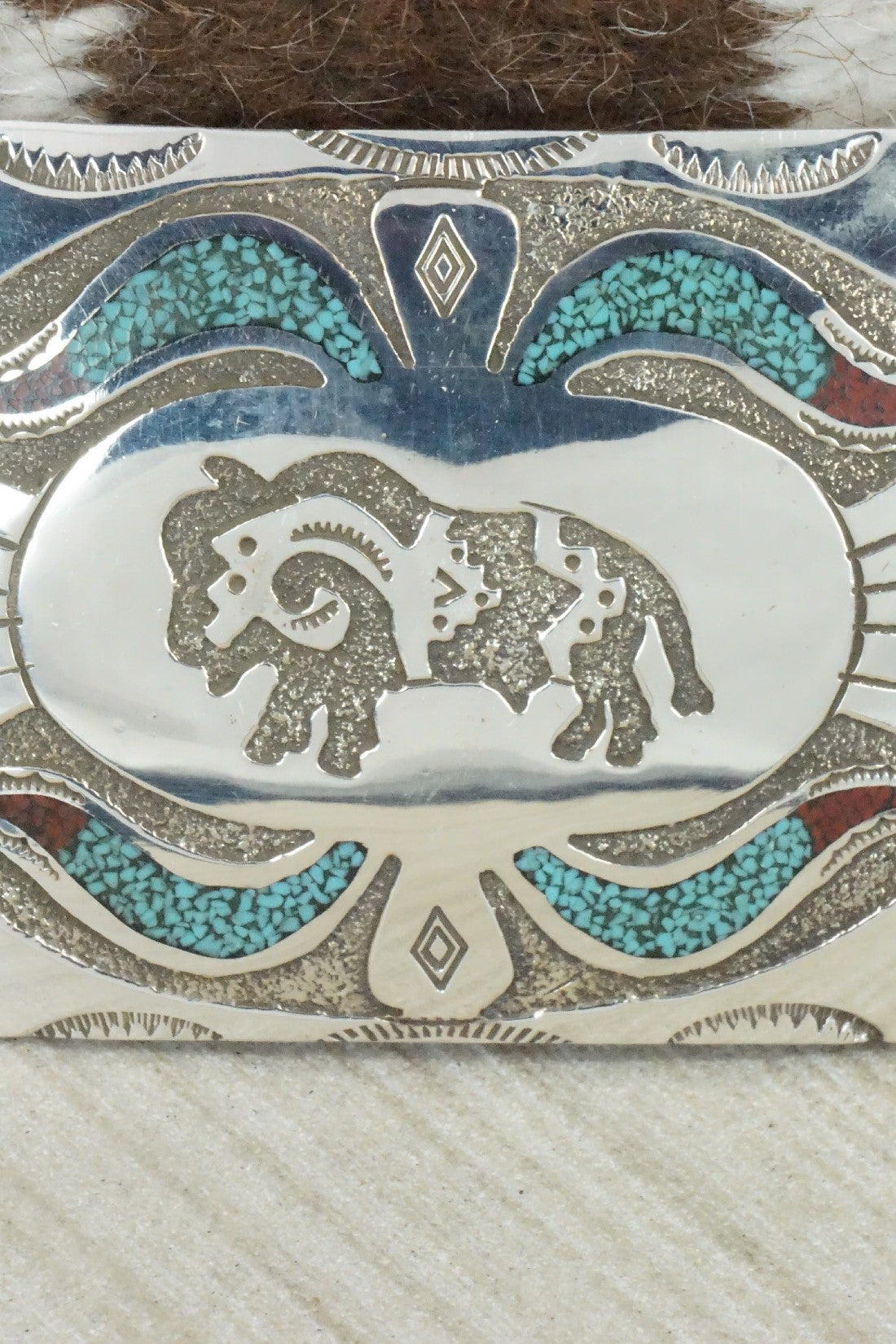 Turquoise, Coral & Sterling Silver Belt Buckle - Raymond Begay