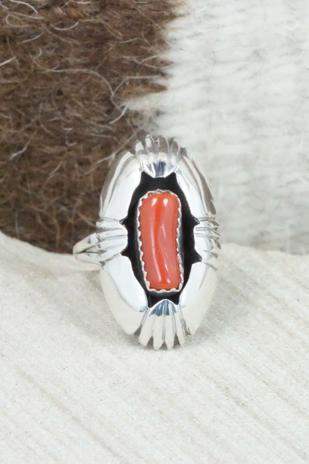 Coral and Sterling Silver Ring - Cecil Saunders - Size 5.25