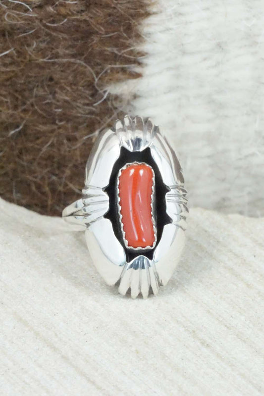 Coral and Sterling Silver Ring - Cecil Saunders - Size 5.25