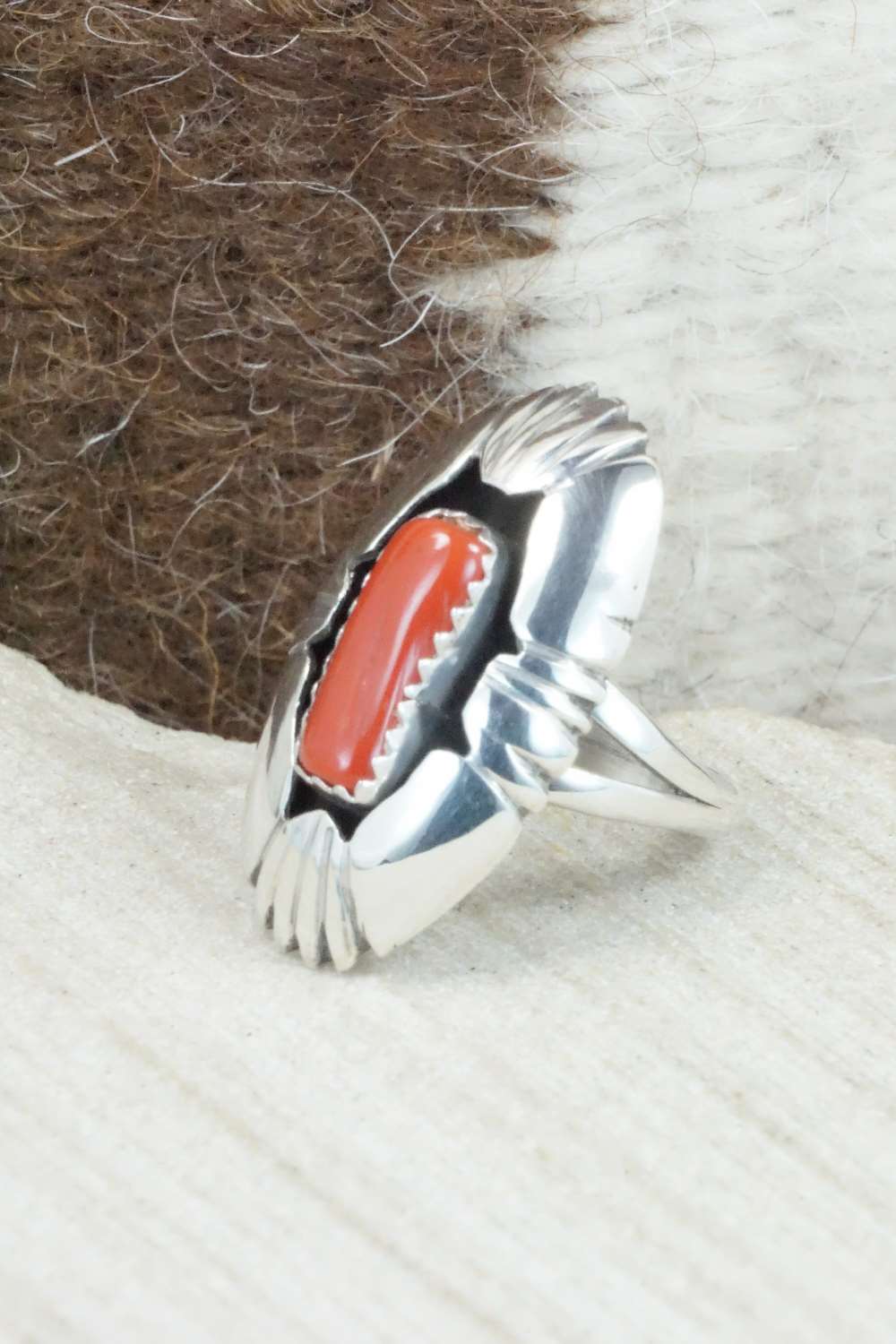 Coral and Sterling Silver Ring - Cecil Saunders - Size 5.25