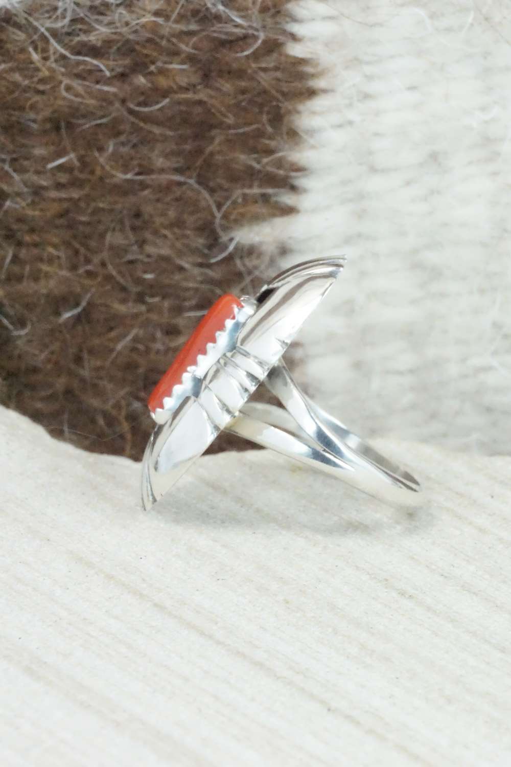 Coral and Sterling Silver Ring - Cecil Saunders - Size 5.25