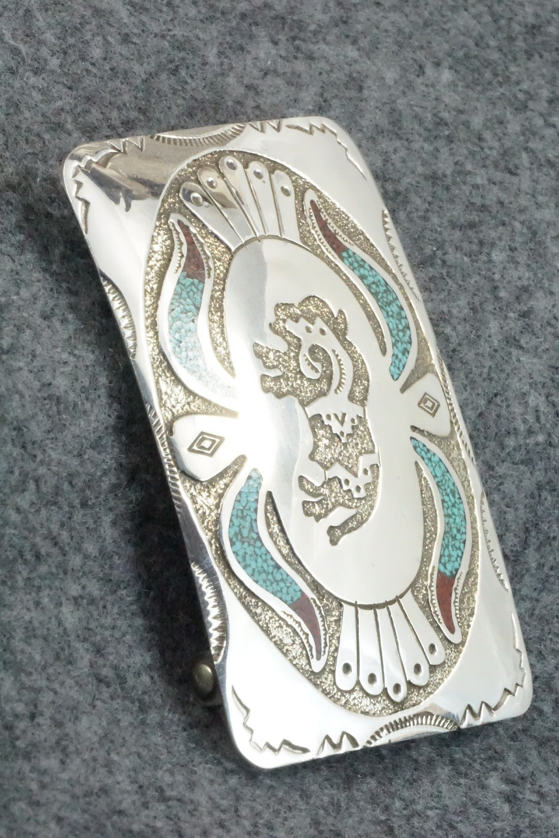 Turquoise, Coral & Sterling Silver Belt Buckle - Raymond Begay