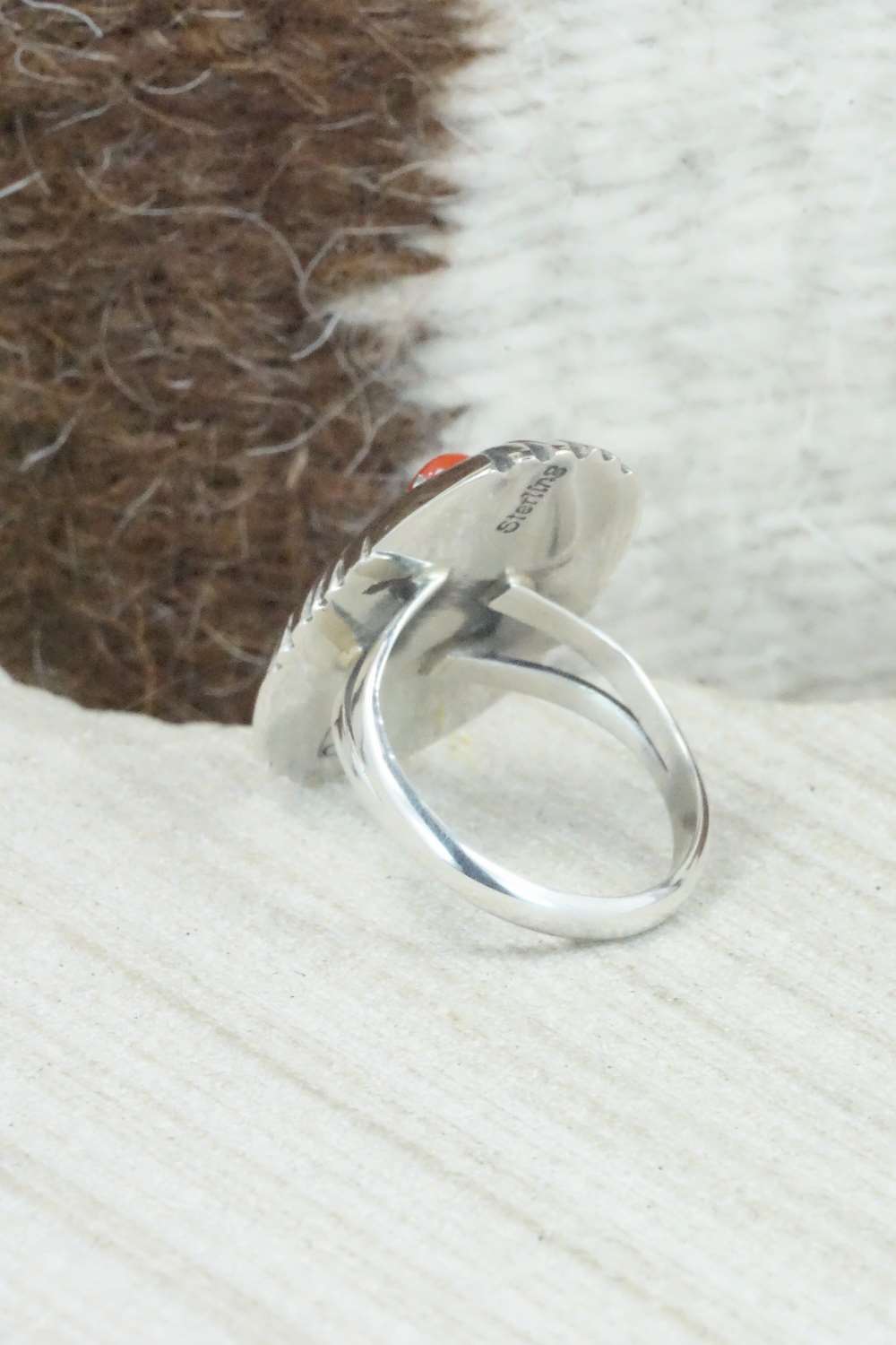 Coral and Sterling Silver Ring - Cecil Saunders - Size 5.25