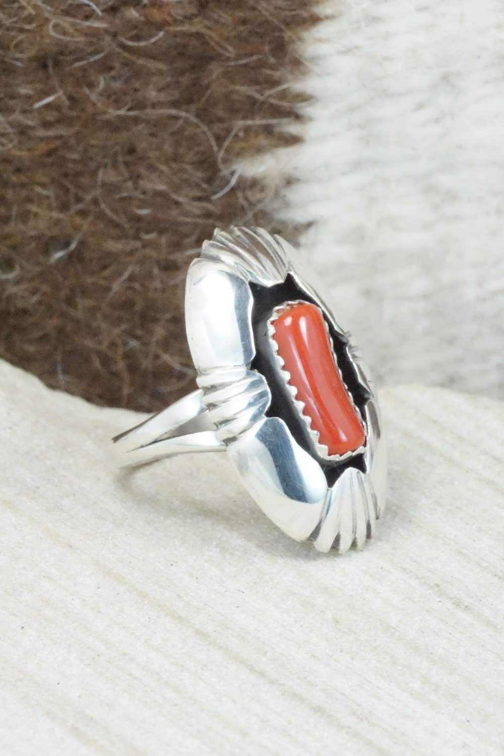 Coral and Sterling Silver Ring - Cecil Saunders - Size 5.25