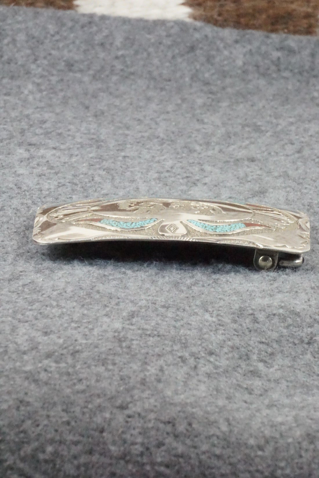 Turquoise, Coral & Sterling Silver Belt Buckle - Raymond Begay
