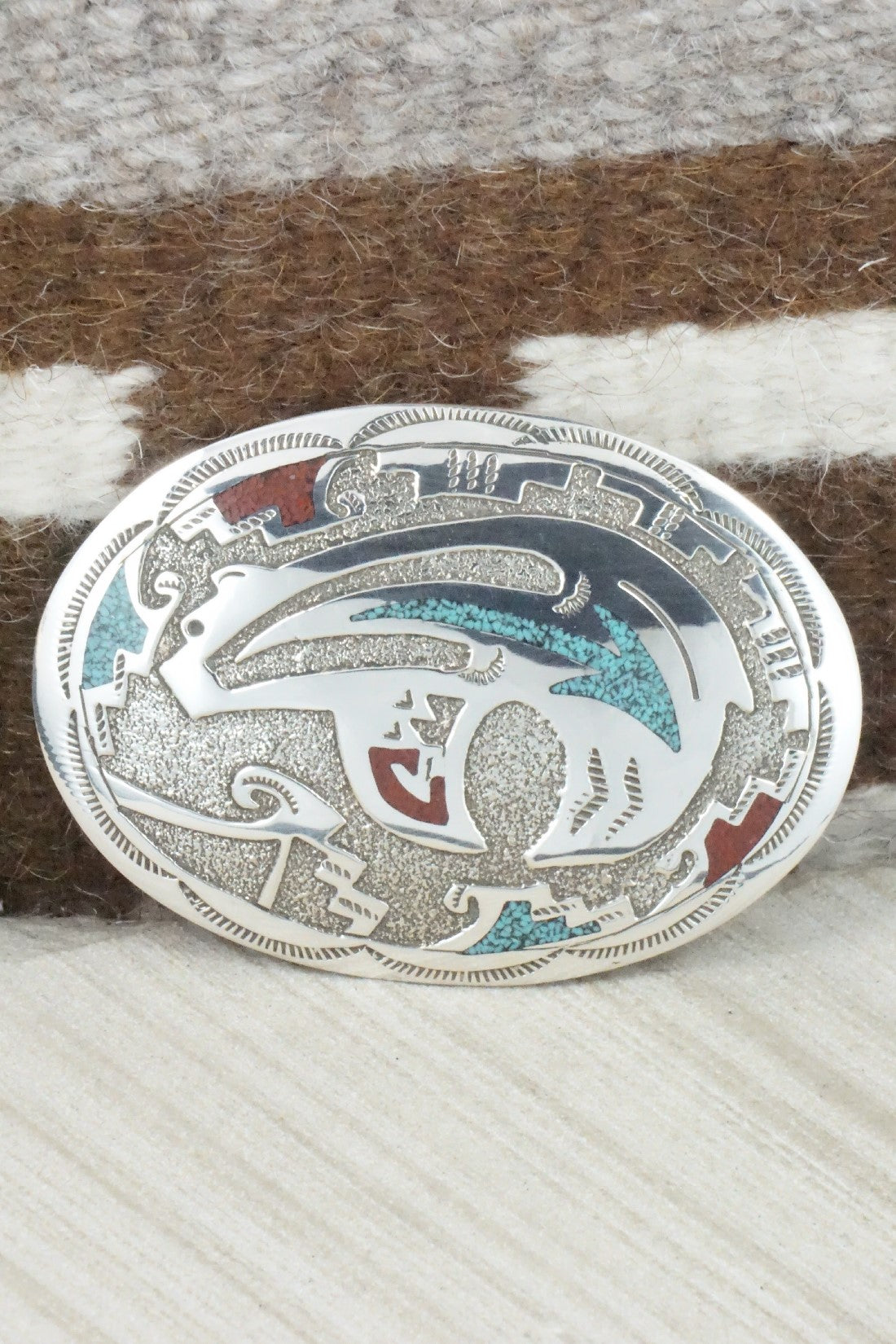 Turquoise & Coral Chip Inlay Sterling Silver Belt Buckle - Raymond Begay