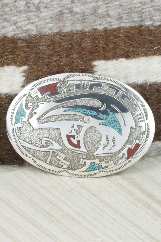 Turquoise & Coral Chip Inlay Sterling Silver Belt Buckle - Raymond Begay