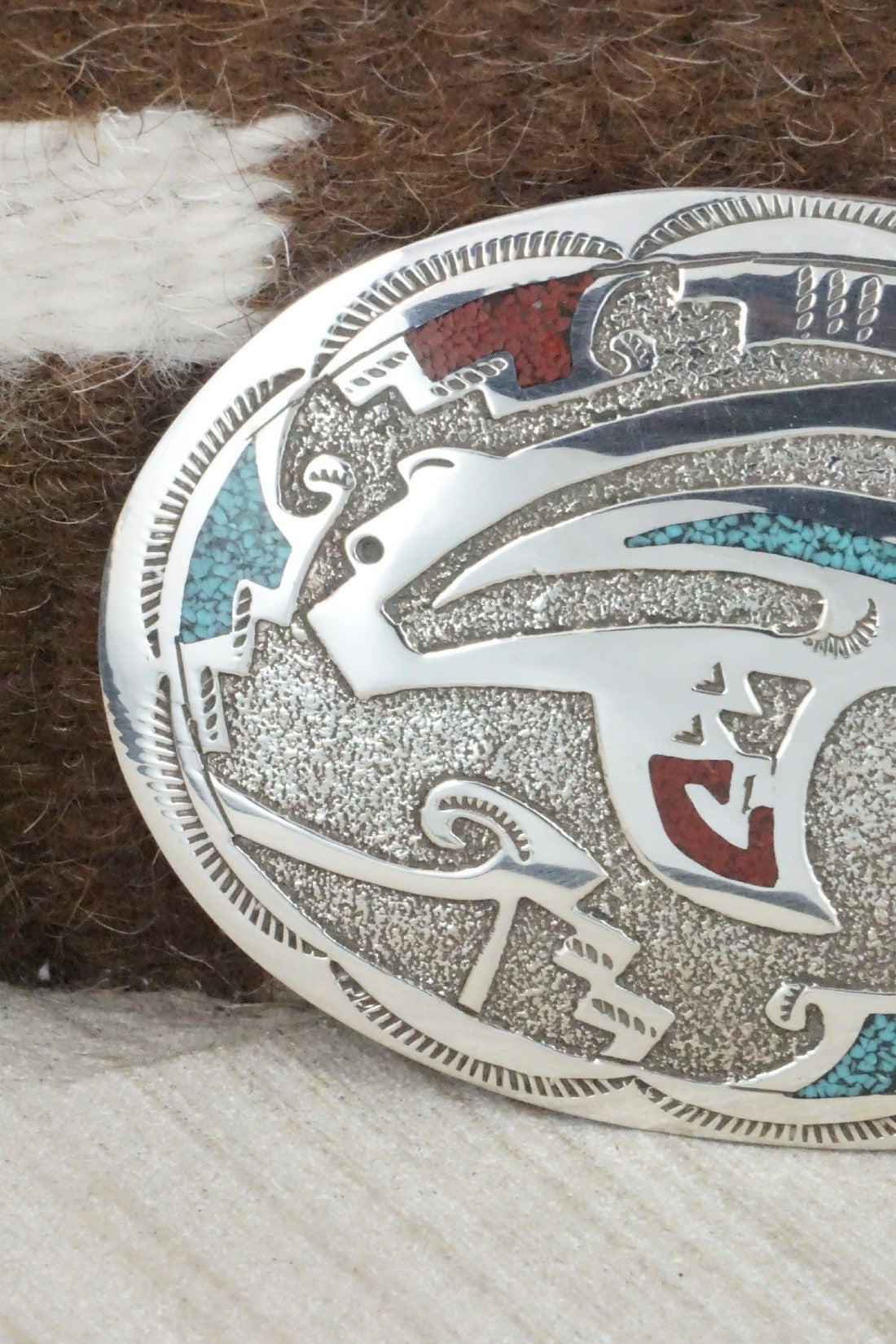 Turquoise & Coral Chip Inlay Sterling Silver Belt Buckle - Raymond Begay