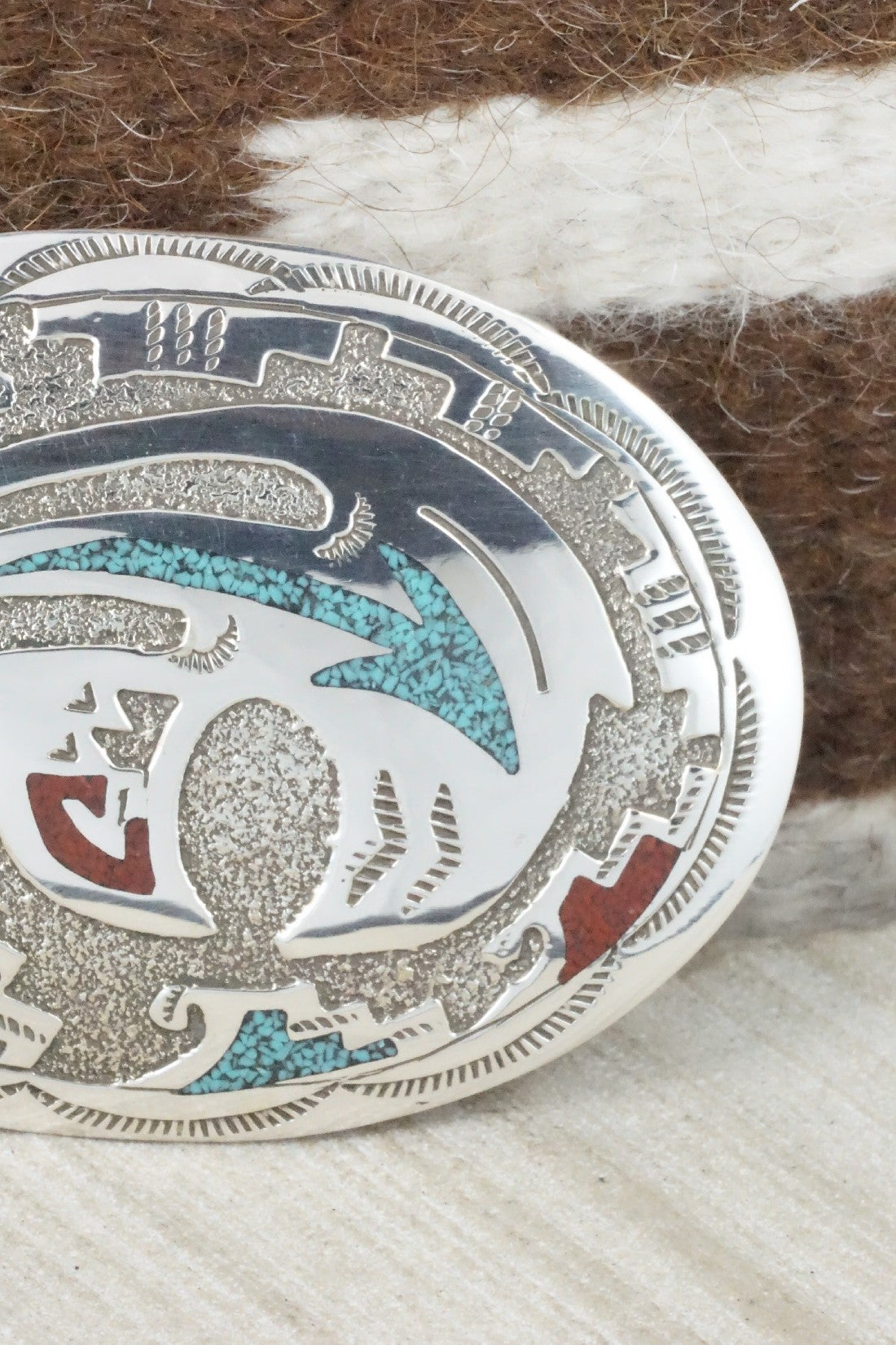 Turquoise & Coral Chip Inlay Sterling Silver Belt Buckle - Raymond Begay