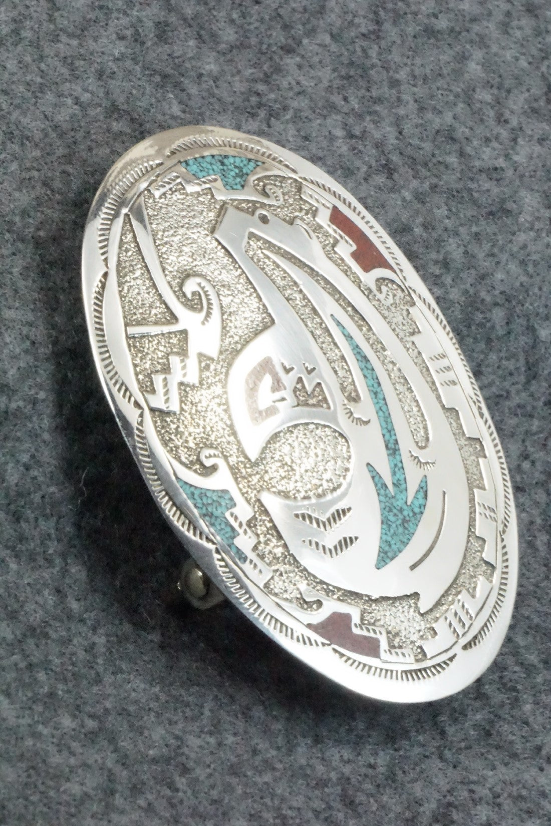 Turquoise & Coral Chip Inlay Sterling Silver Belt Buckle - Raymond Begay