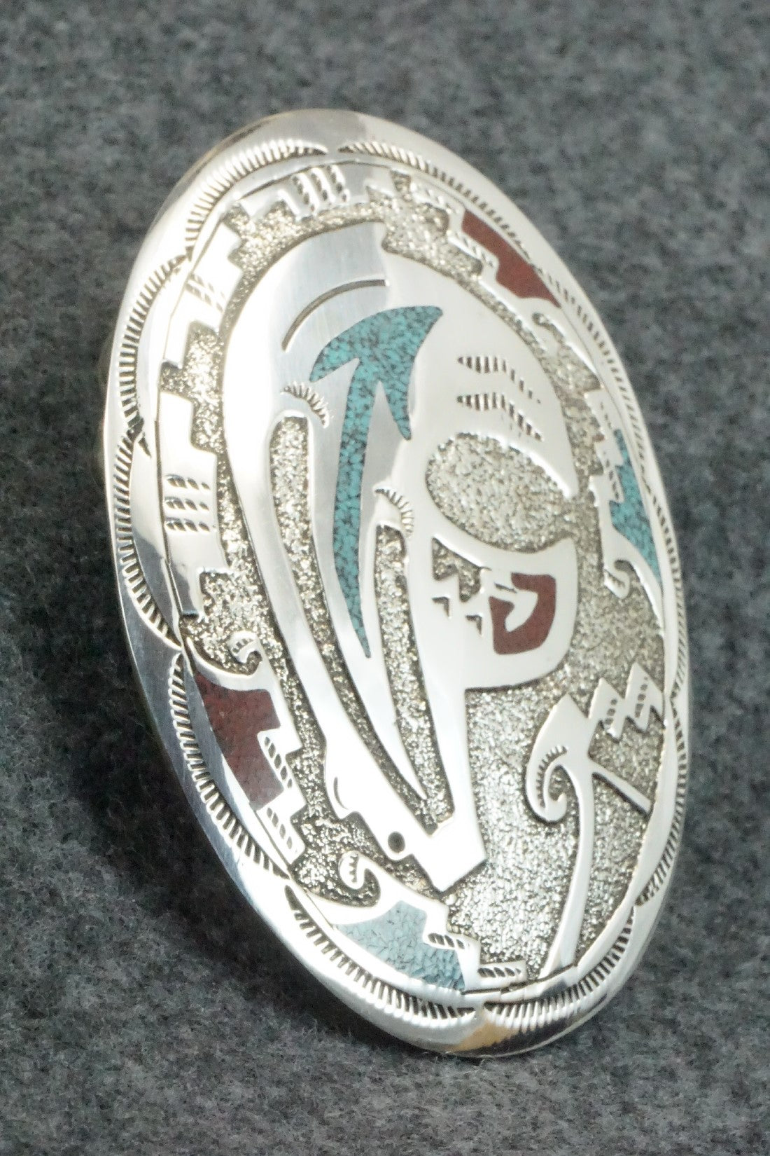 Turquoise & Coral Chip Inlay Sterling Silver Belt Buckle - Raymond Begay