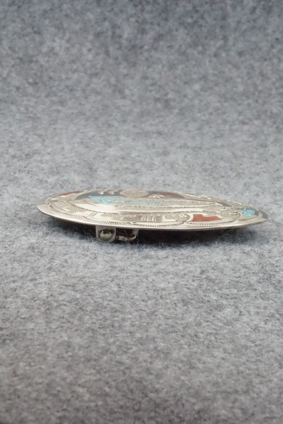 Turquoise & Coral Chip Inlay Sterling Silver Belt Buckle - Raymond Begay