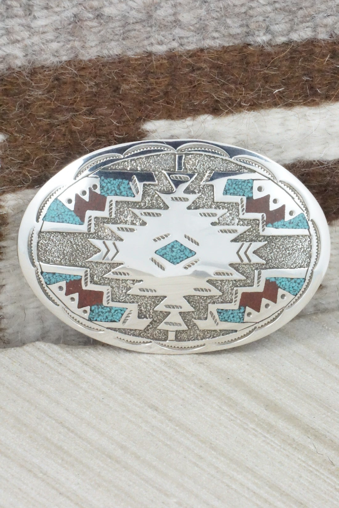 Turquoise, Coral & Sterling Silver Belt Buckle - Raymond Begay