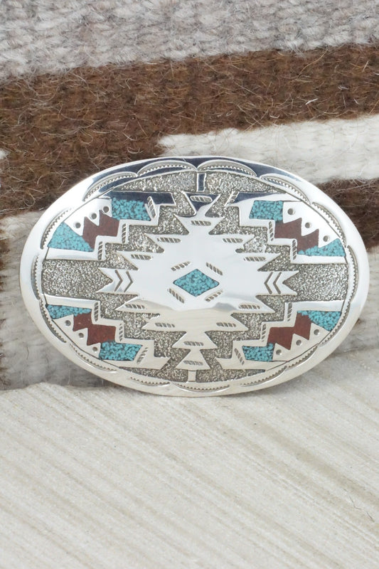 Turquoise, Coral & Sterling Silver Belt Buckle - Raymond Begay