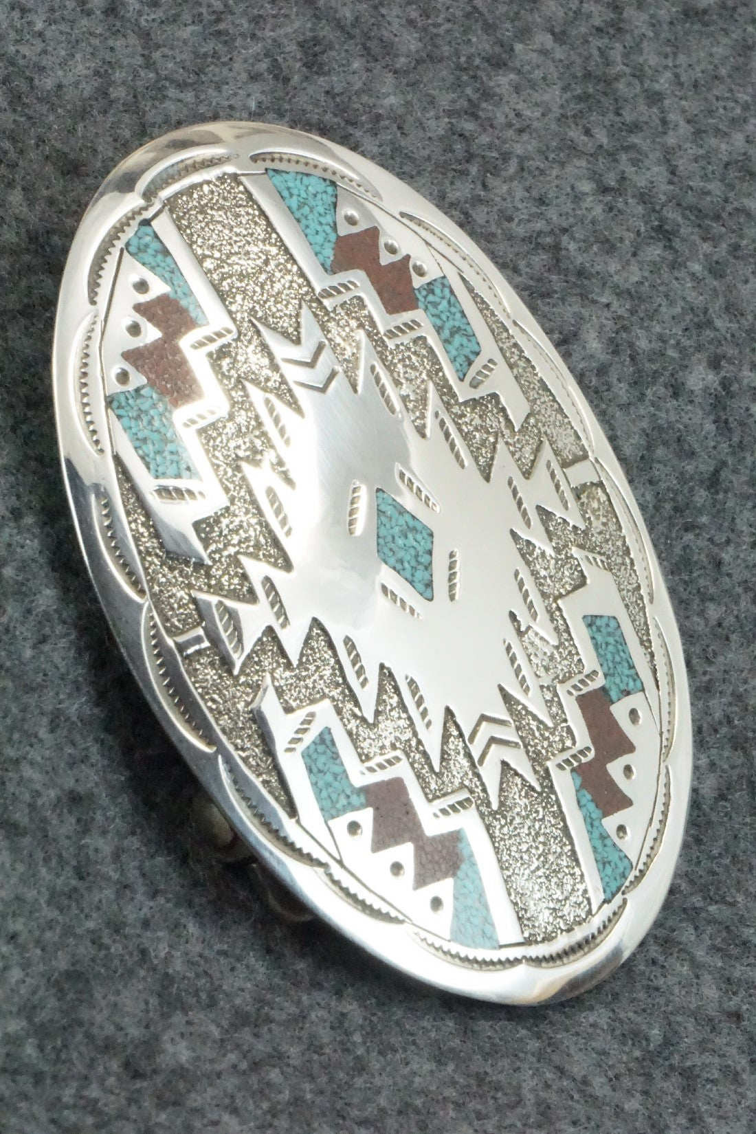 Turquoise, Coral & Sterling Silver Belt Buckle - Raymond Begay