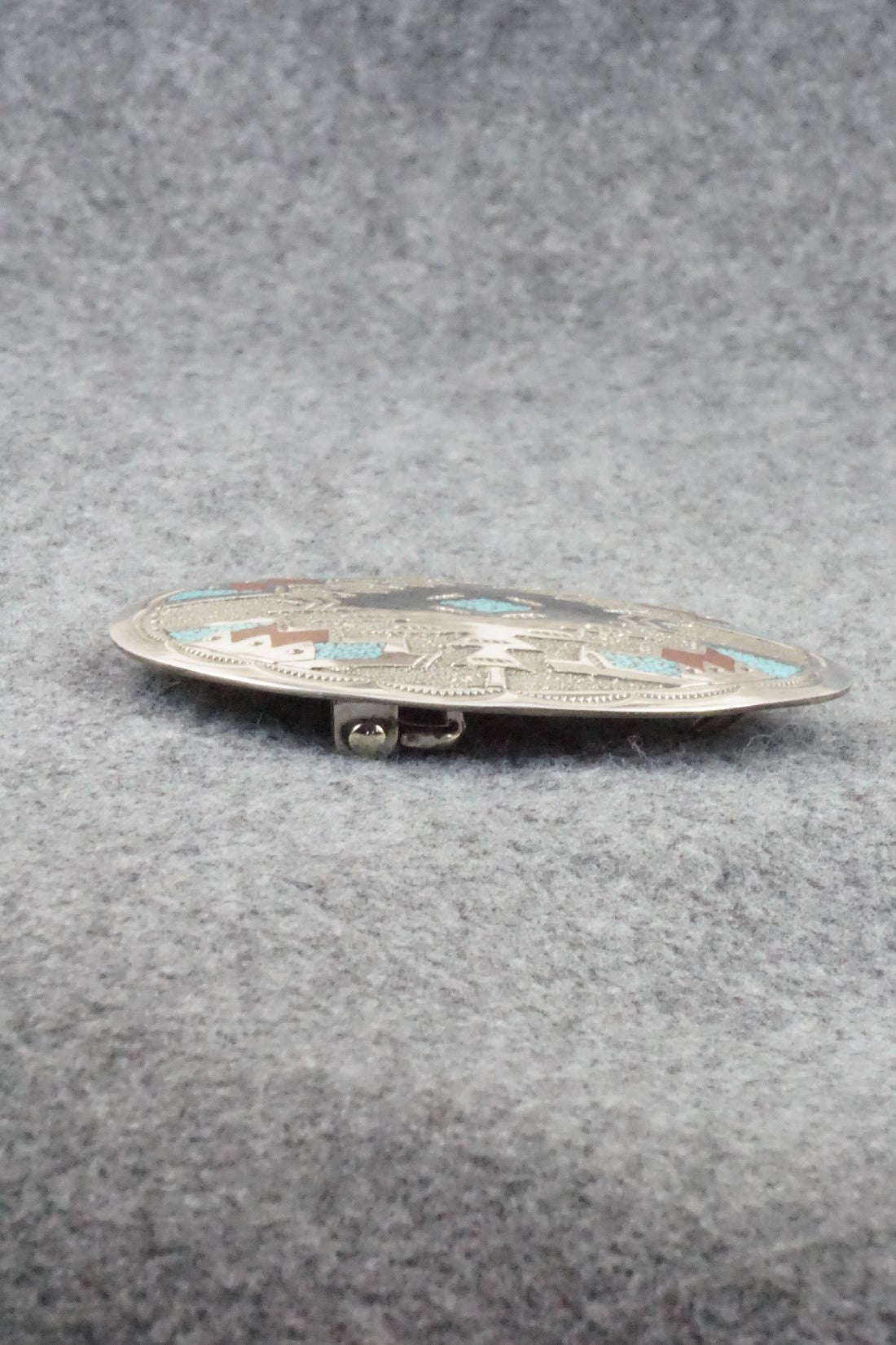 Turquoise, Coral & Sterling Silver Belt Buckle - Raymond Begay