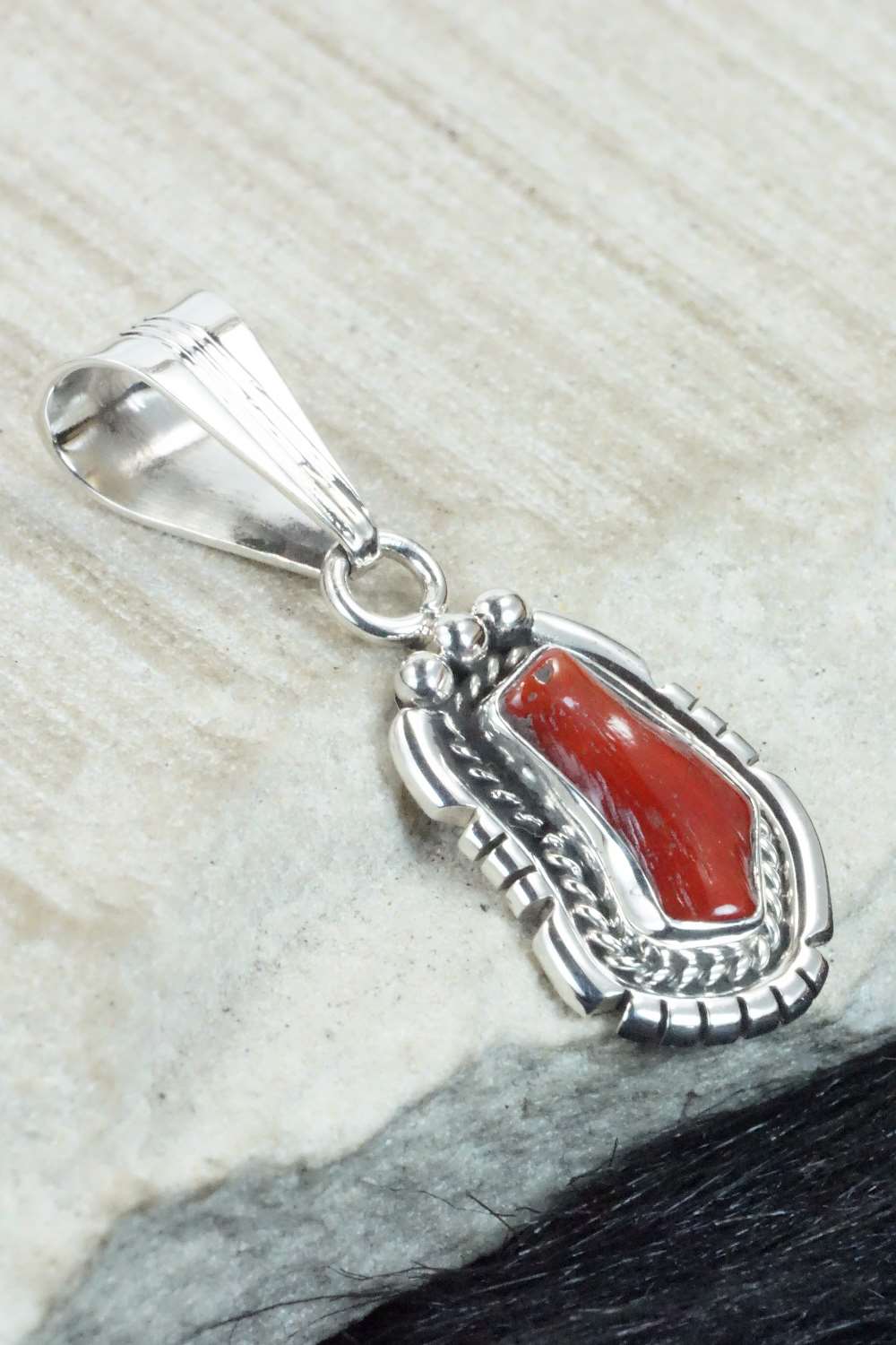 Coral & Sterling Silver Pendant - Samuel Yellowhair