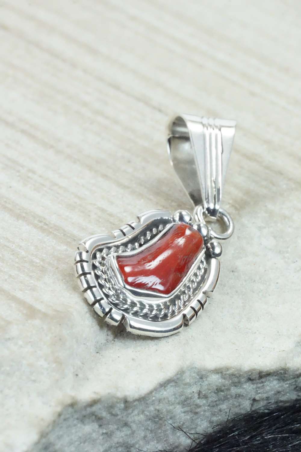 Coral & Sterling Silver Pendant - Samuel Yellowhair