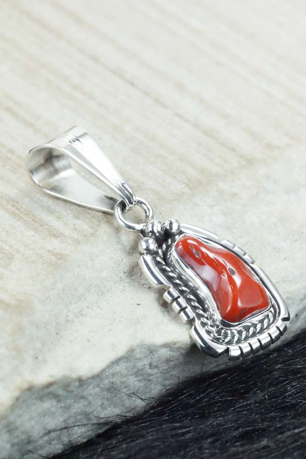 Coral & Sterling Silver Pendant - Samuel Yellowhair
