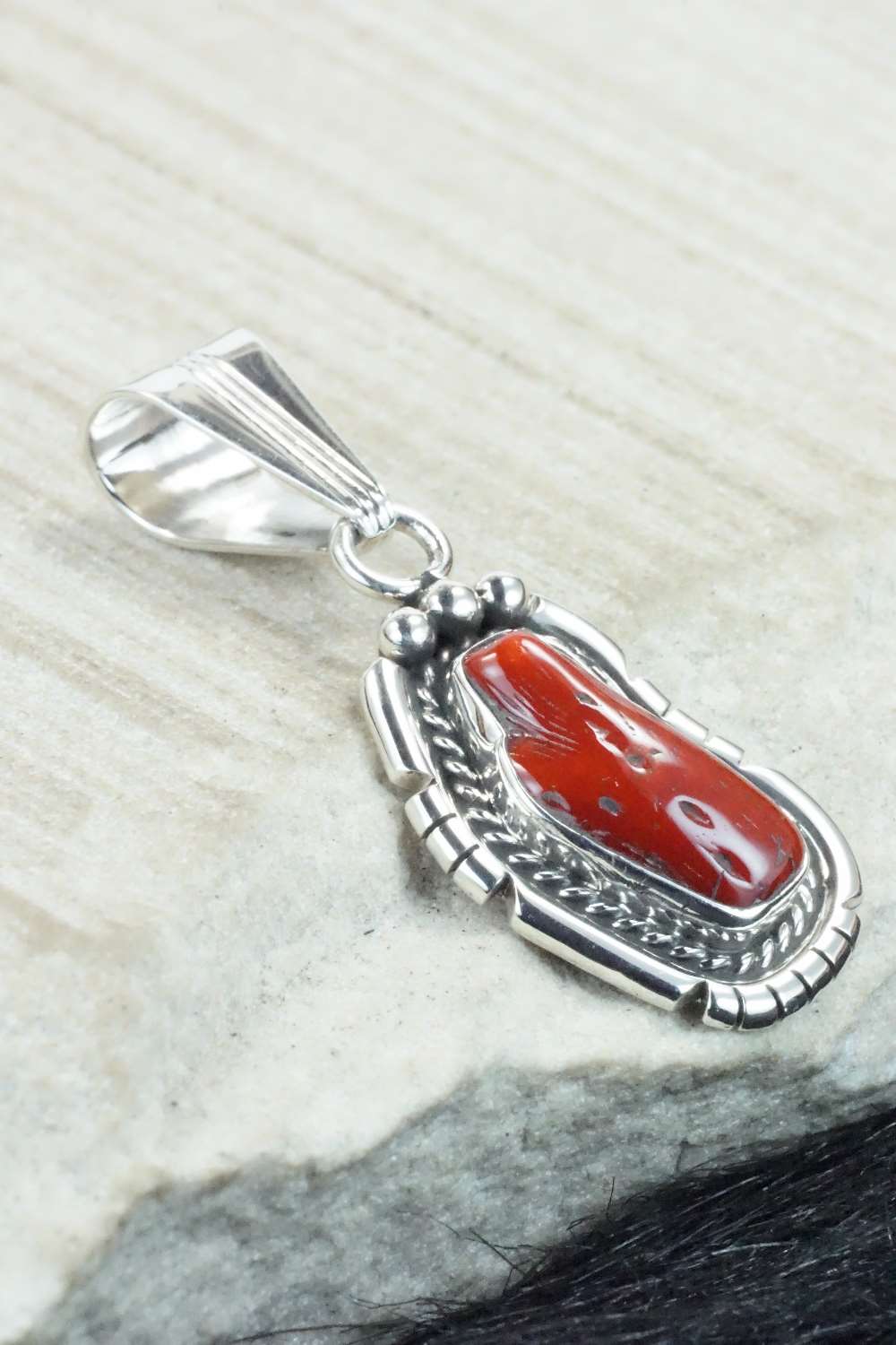 Coral & Sterling Silver Pendant - Samuel Yellowhair