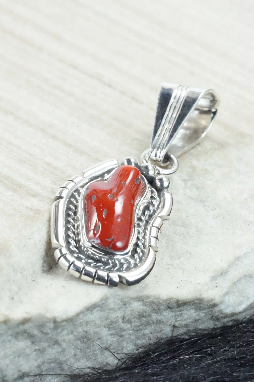 Coral & Sterling Silver Pendant - Samuel Yellowhair