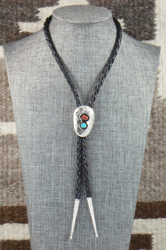Turquoise, Coral & Sterling Silver Bolo Tie - Joann Silver